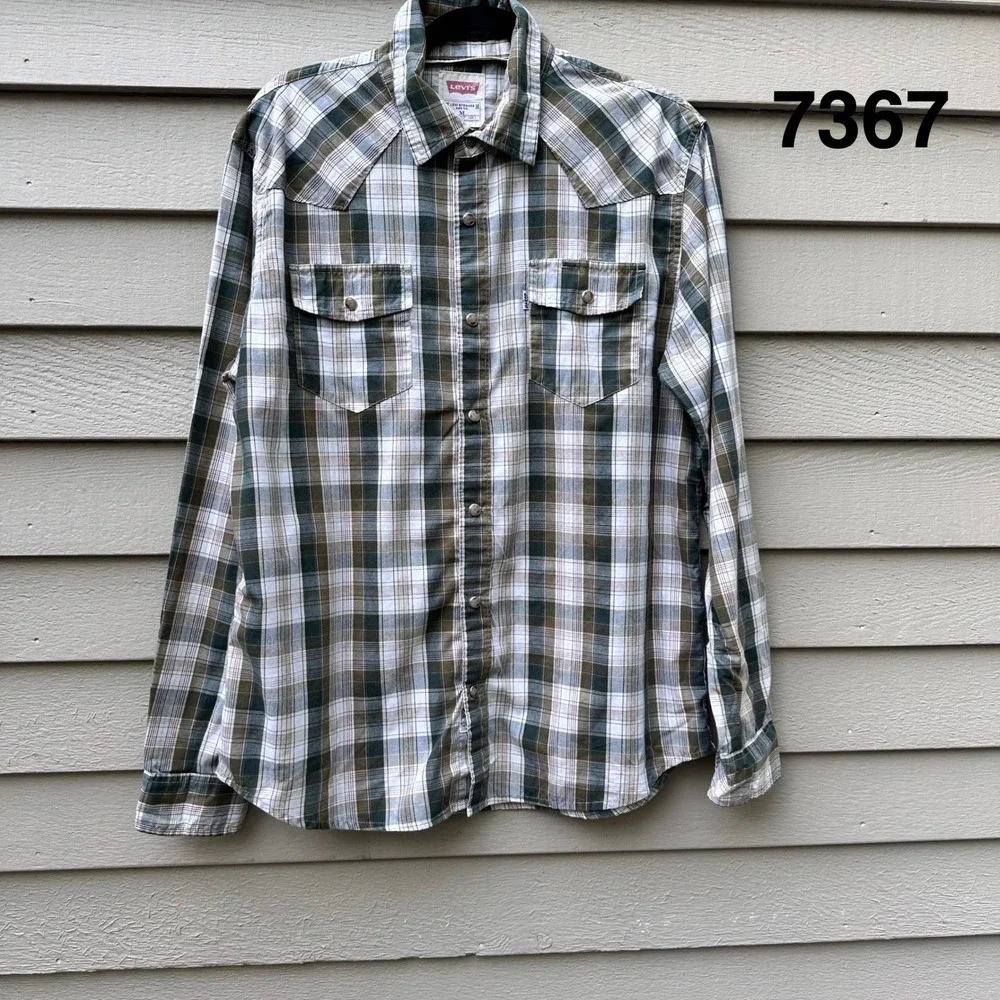 Levis Mens Size Medium Western Plaid Snap Front Shirt Olive Green Long Sleeve M